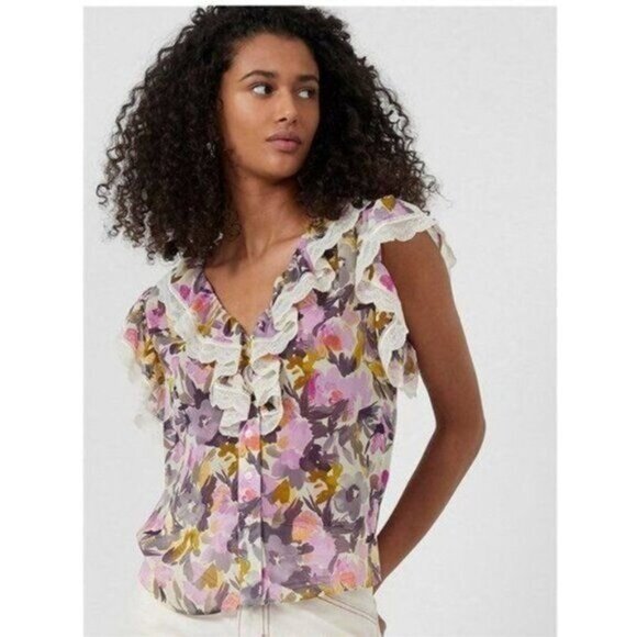 FRENCH CONNECTION Catlett Crinkle Lace Ruffle Top - S - Picture 1 of 7